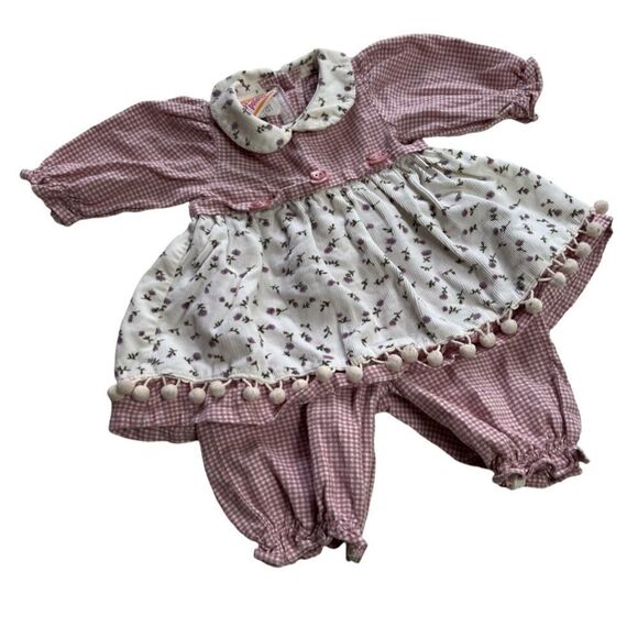 Vintage 90s Cottagecore Tea Party Gingham Floral Collared Bubble Playsuit Jumper - Picture 1 of 8